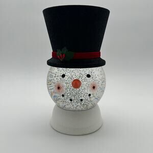 Bath & Body Works 3 Wick Candle Holder LED Snowman Hat Snow Water Globe Pedestal
